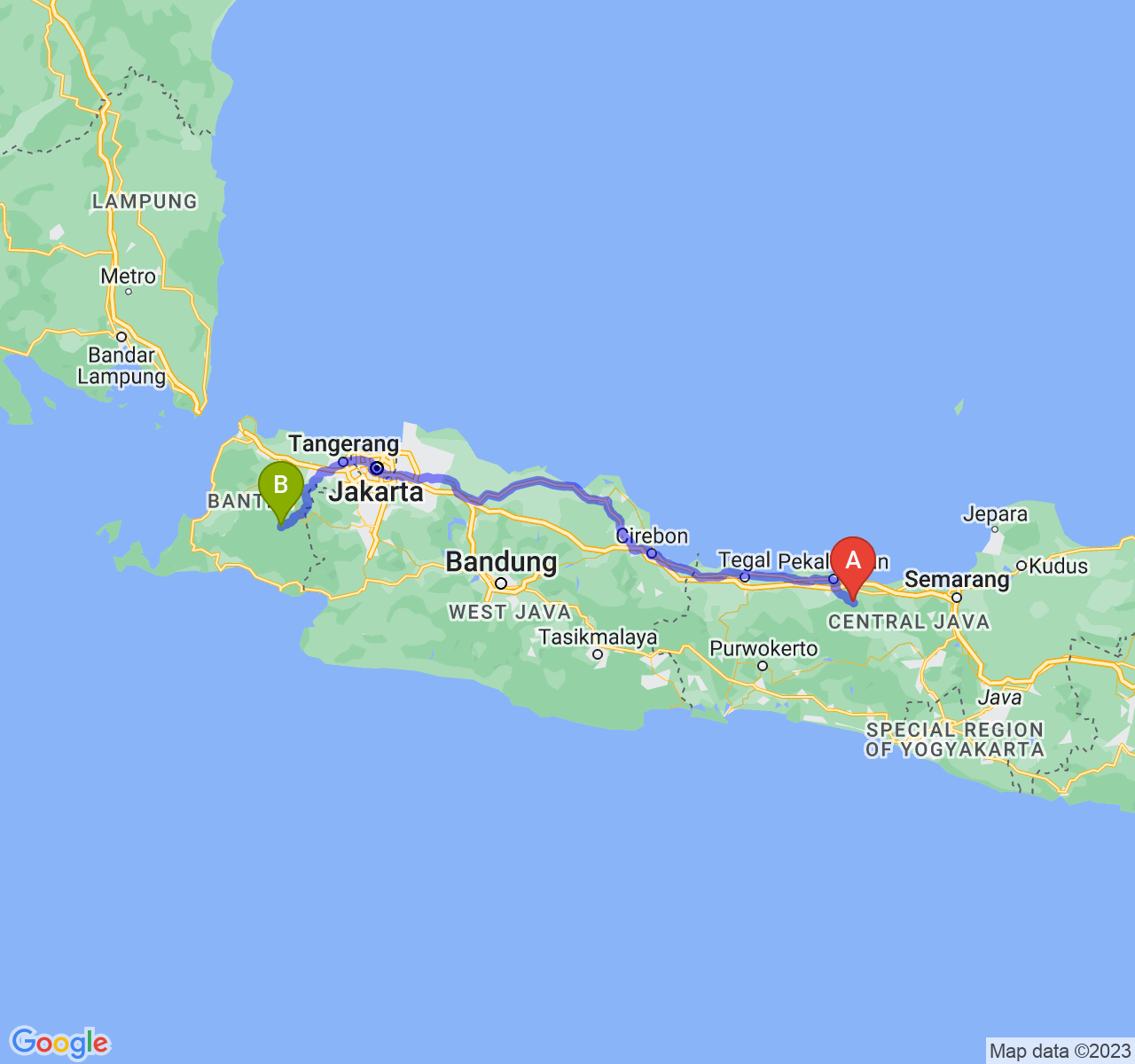 rute perjalanan Kab. Batang-Kab. Lebak