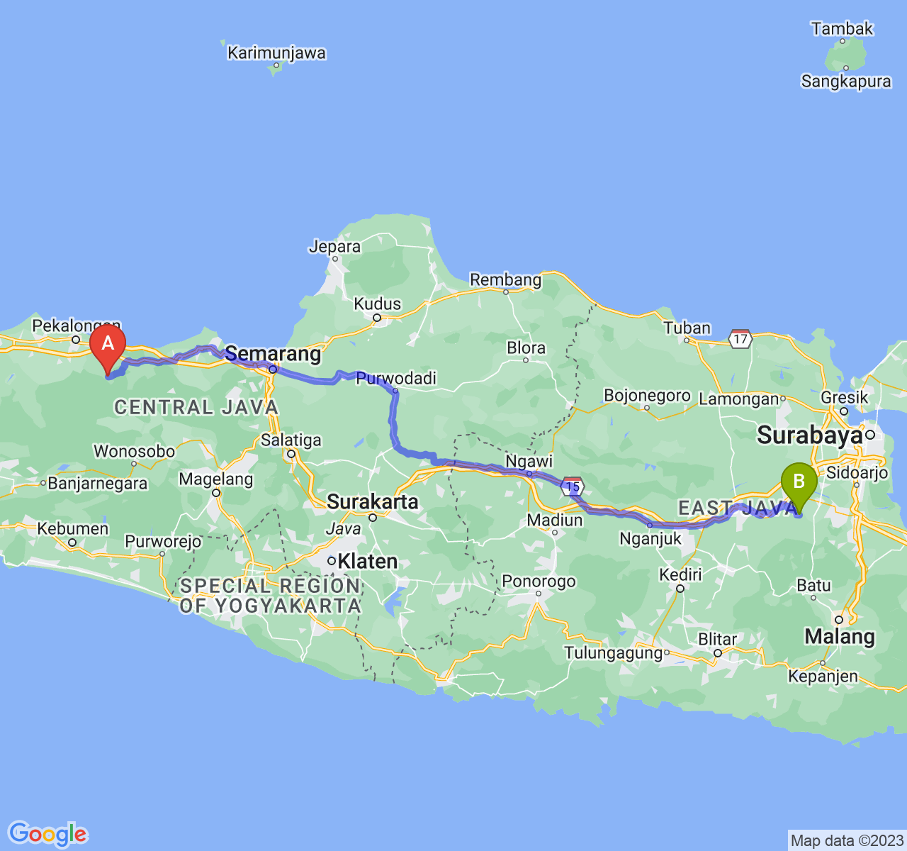 rute perjalanan Kab. Batang-Kab. Mojokerto