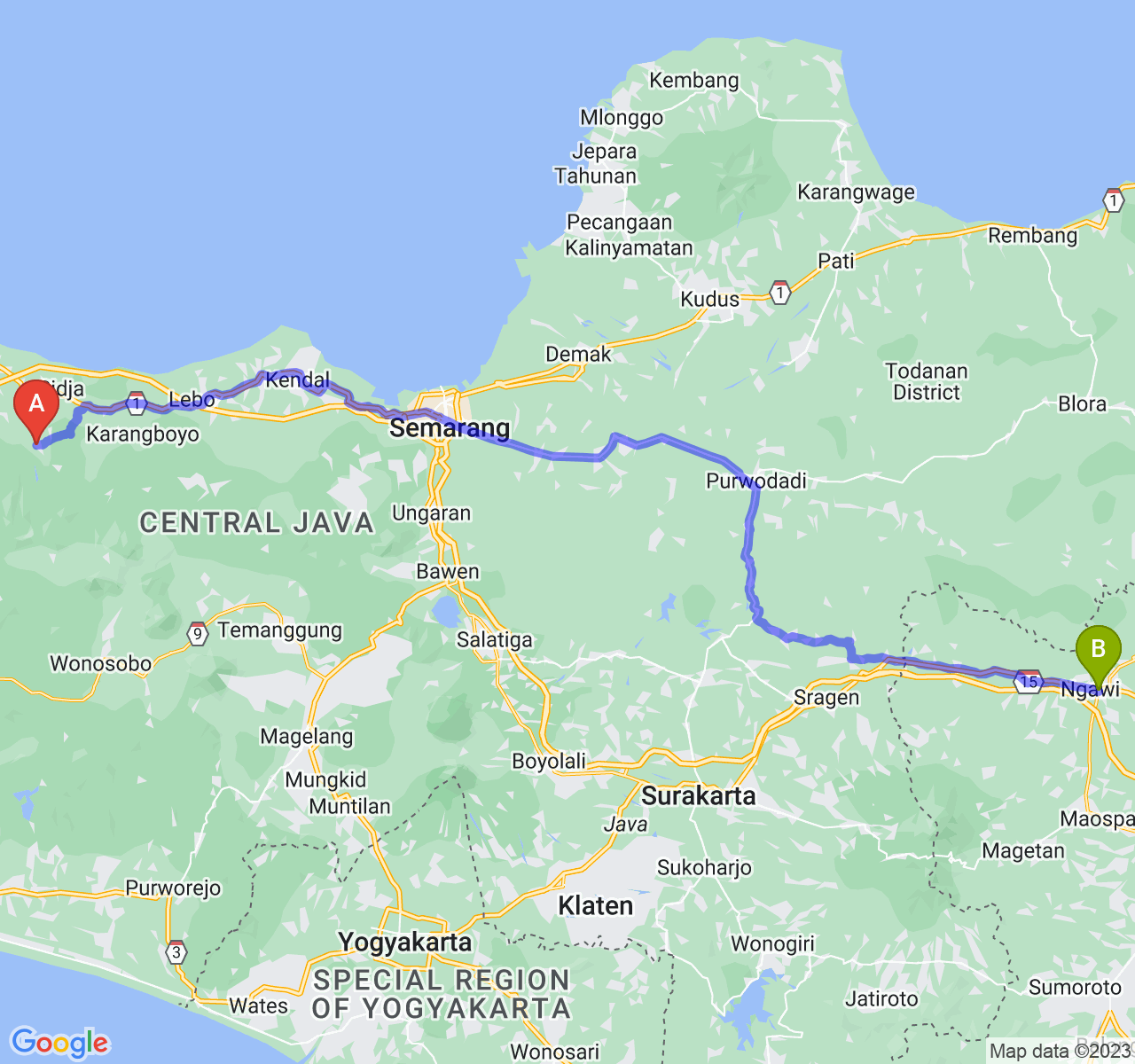 rute perjalanan Kab. Batang-Kab. Ngawi