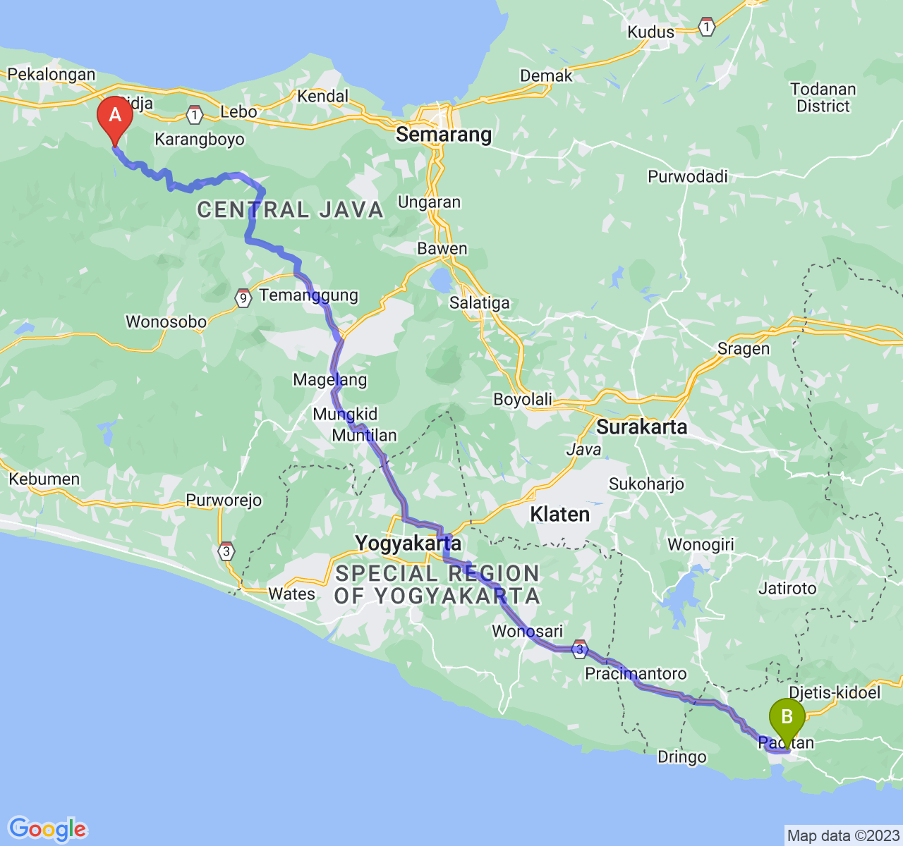 rute perjalanan Kab. Batang-Kab. Pacitan