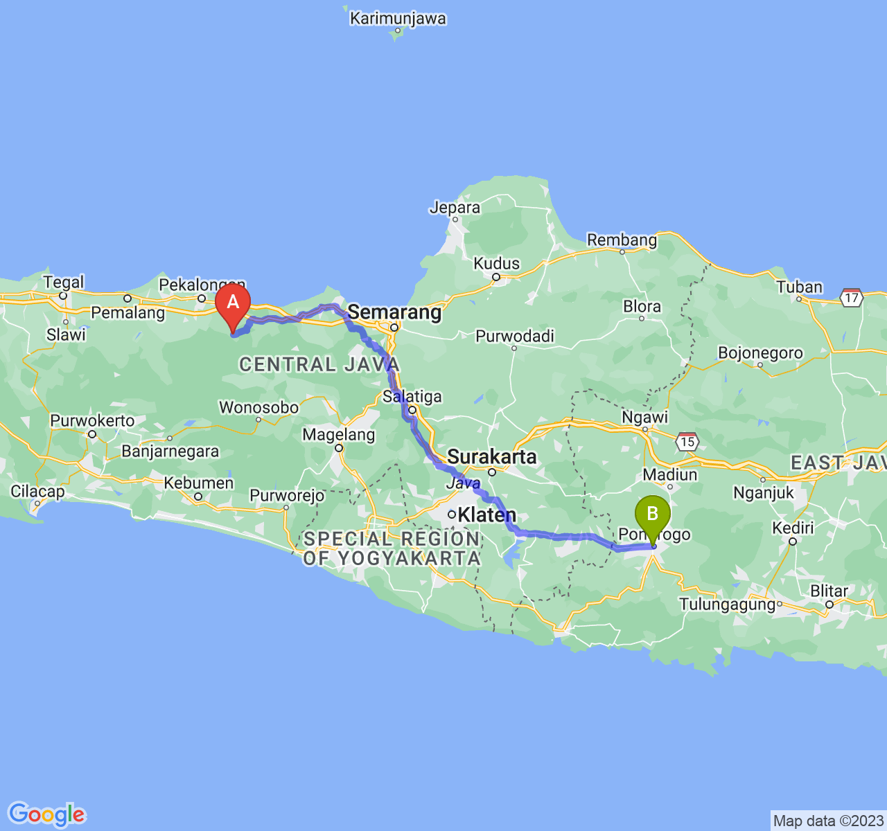 rute perjalanan Kab. Batang-Kab. Ponorogo