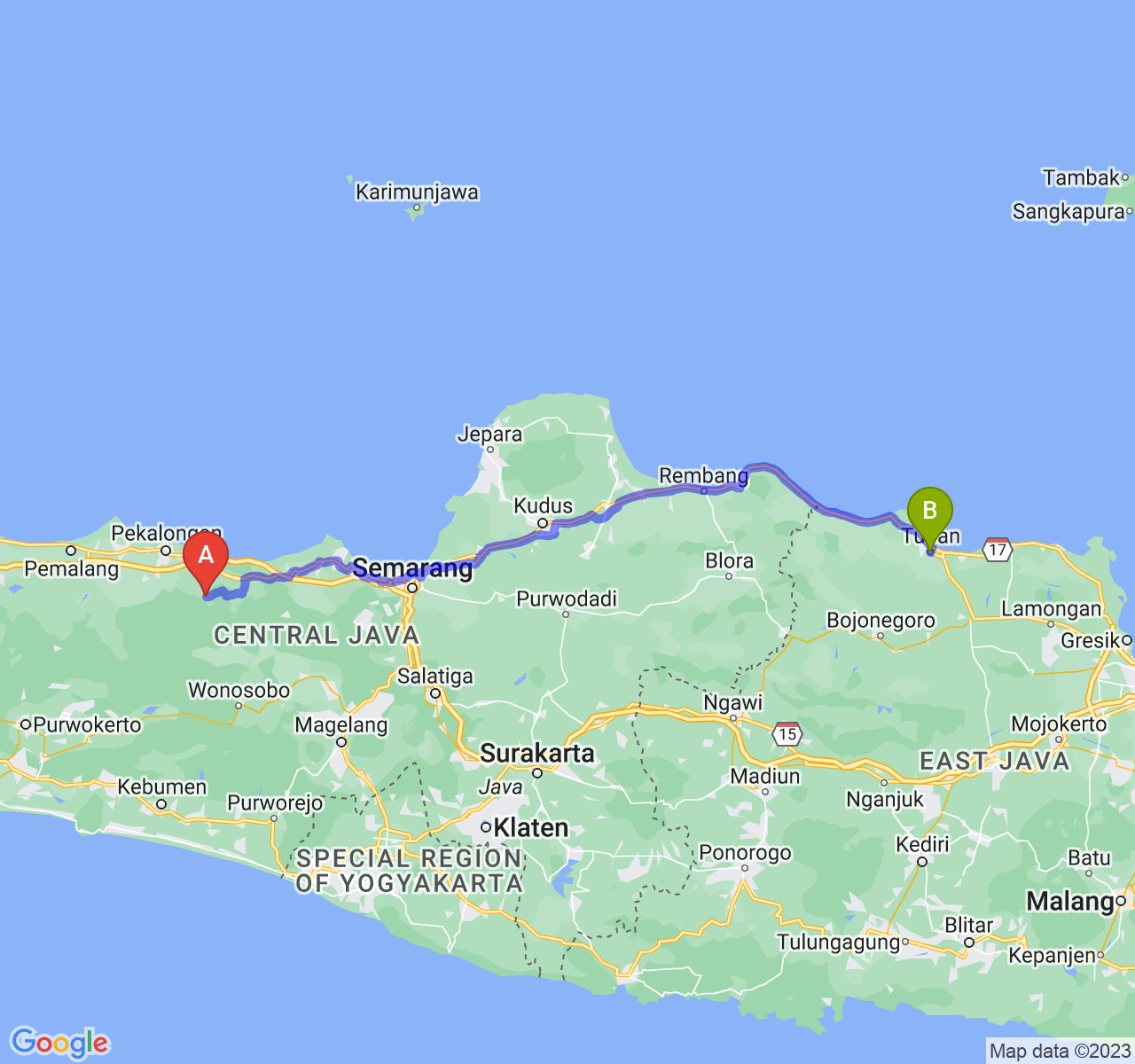 rute perjalanan Kab. Batang-Kab. Tuban