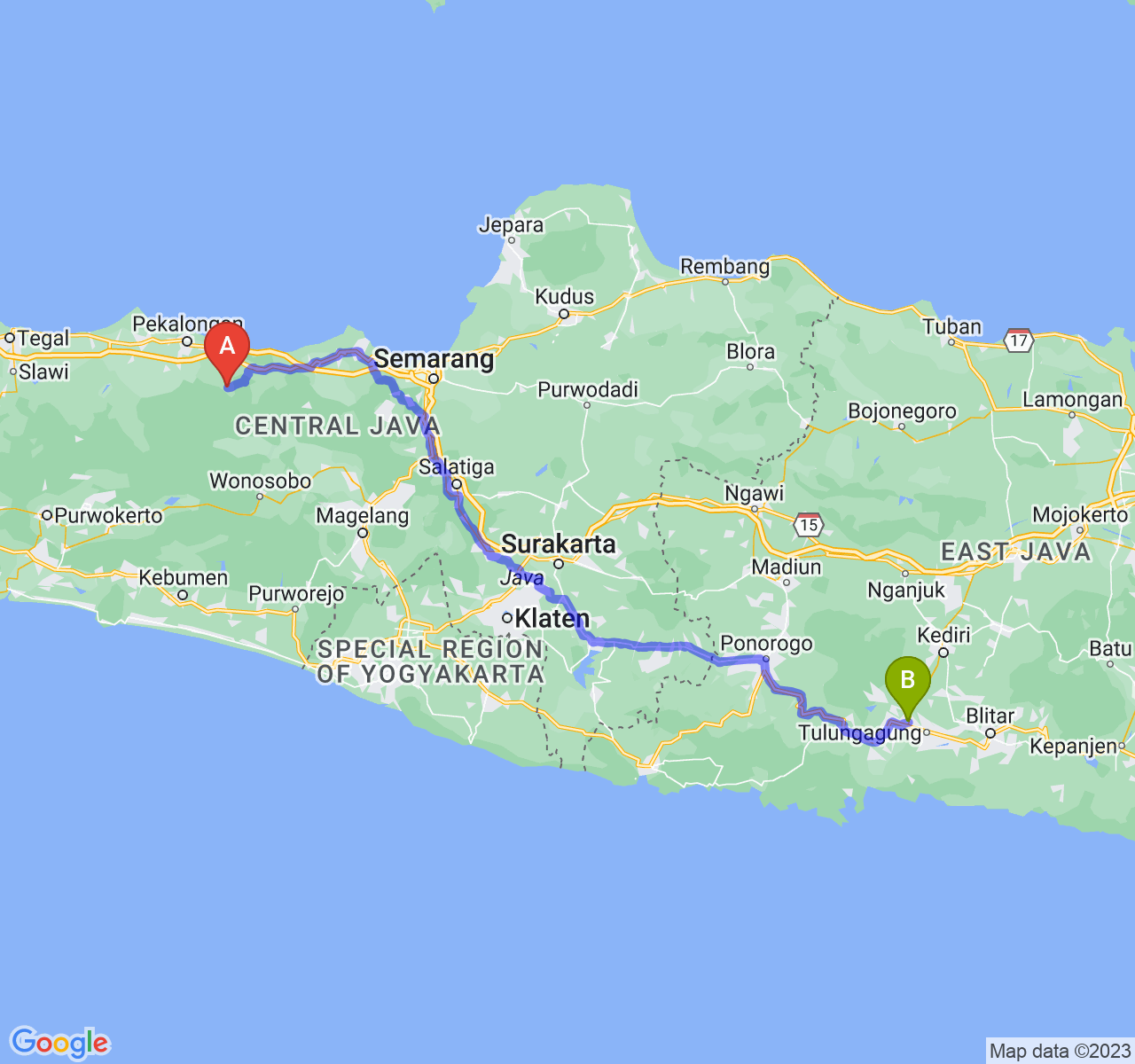 rute perjalanan Kab. Batang-Kab. Tulungagung