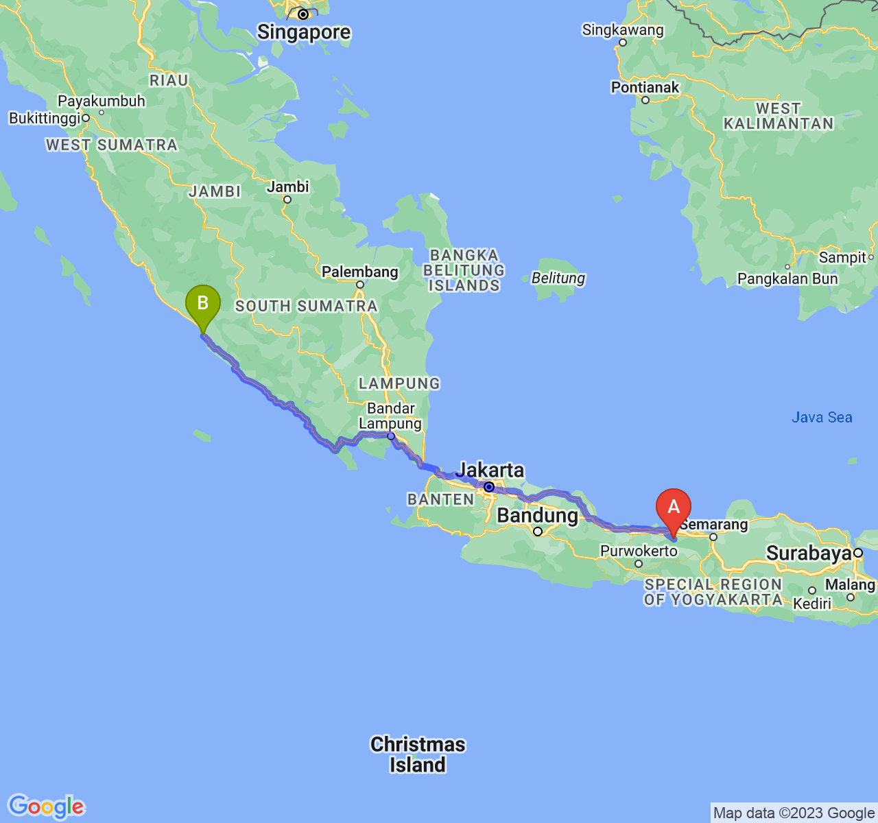 rute perjalanan Kab. Batang-Kota Bengkulu