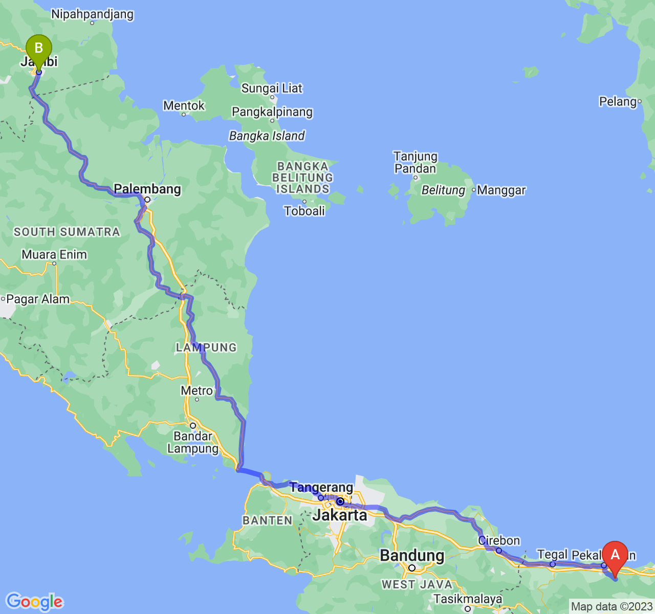 rute perjalanan Kab. Batang-Kota Jambi