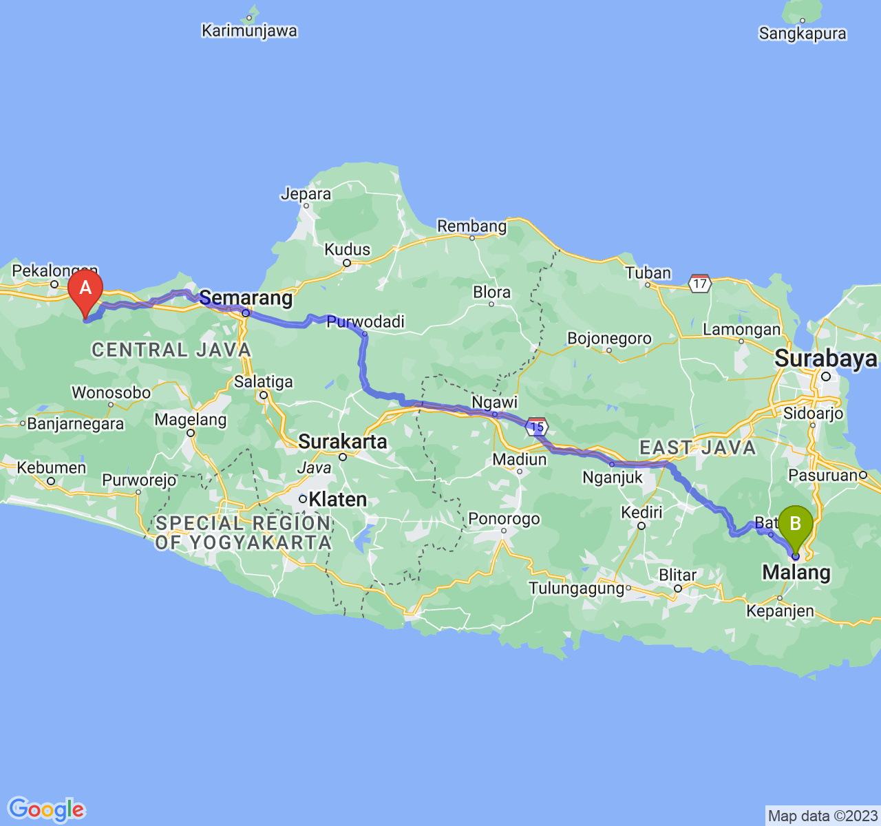 rute perjalanan Kab. Batang-Kota Malang