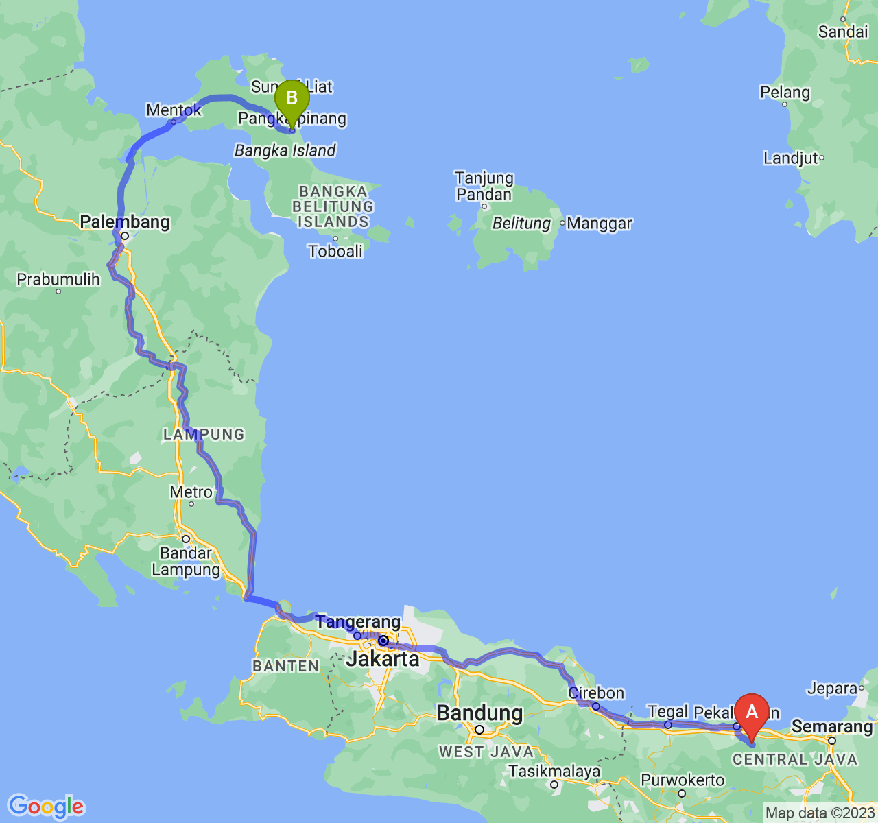 rute perjalanan Kab. Batang-Kota Pangkalpinang