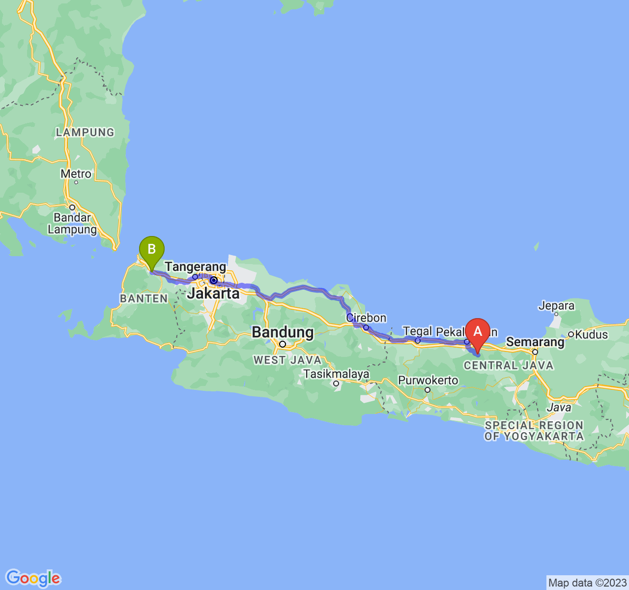 rute perjalanan Kab. Batang-Kota Serang