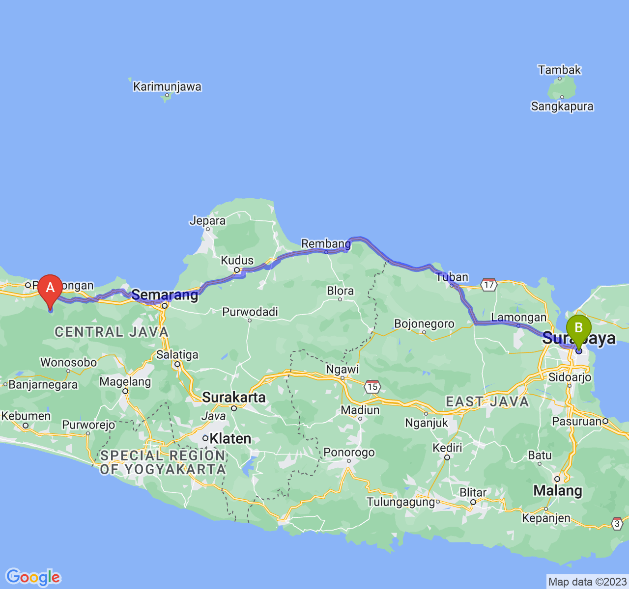 rute perjalanan Kab. Batang-Kota Surabaya