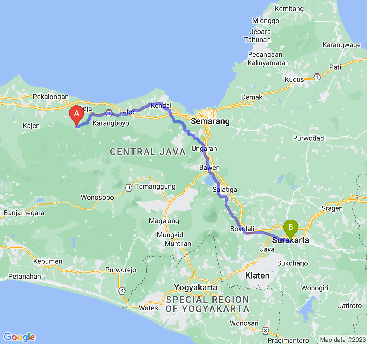 rute perjalanan Kab. Batang-Kota Surakarta