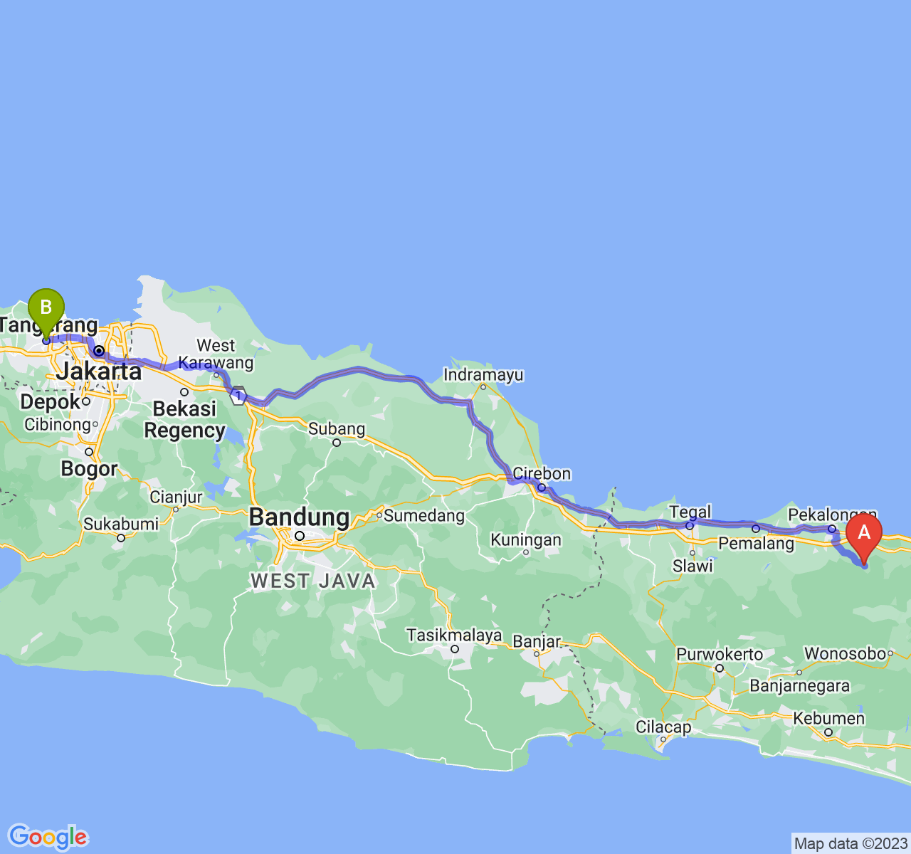 rute perjalanan Kab. Batang-Kota Tangerang