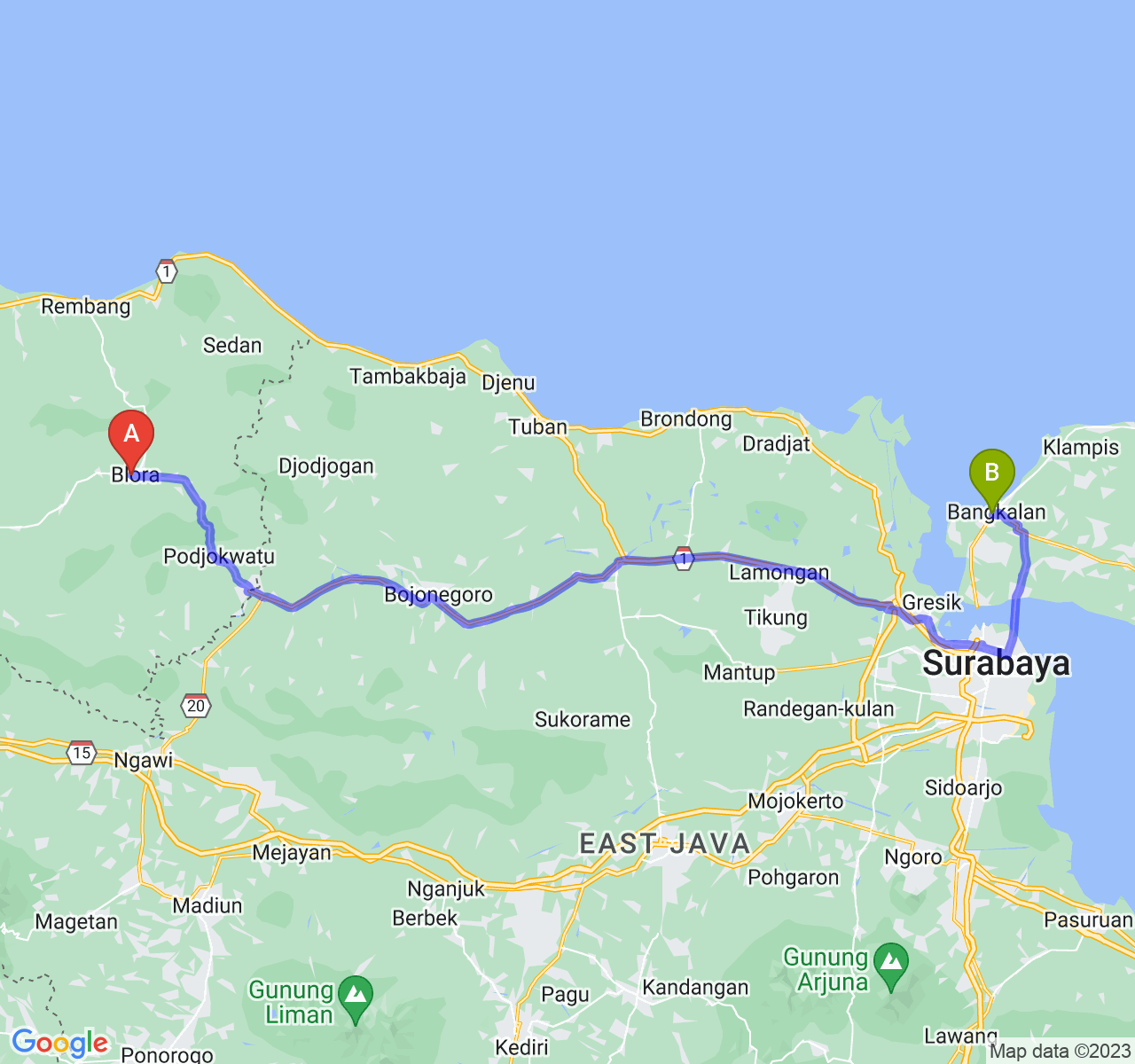 rute perjalanan Kab. Blora-Kab. Bangkalan