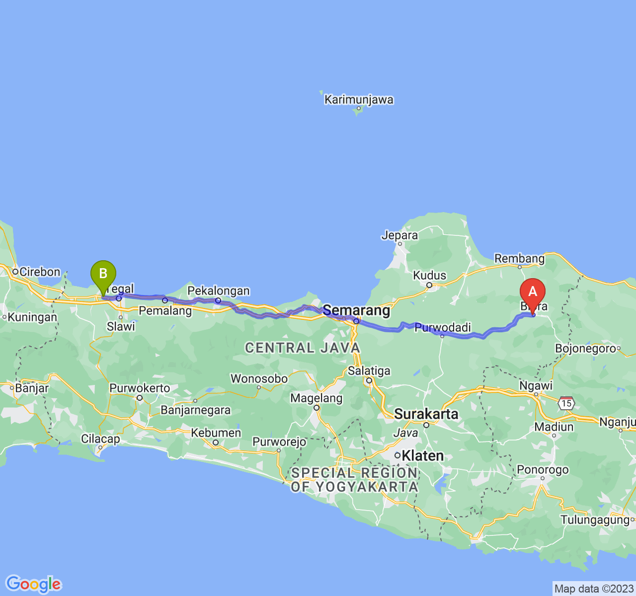 rute perjalanan Kab. Blora-Kab. Brebes