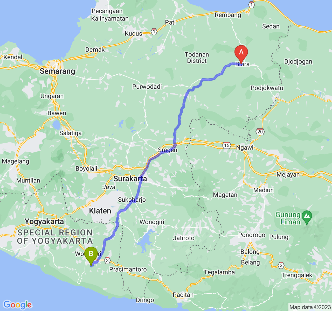 rute perjalanan Kab. Blora-Kab. Gunung Kidul