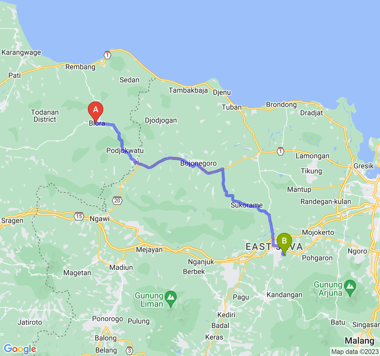 rute perjalanan Kab. Blora-Kab. Jombang