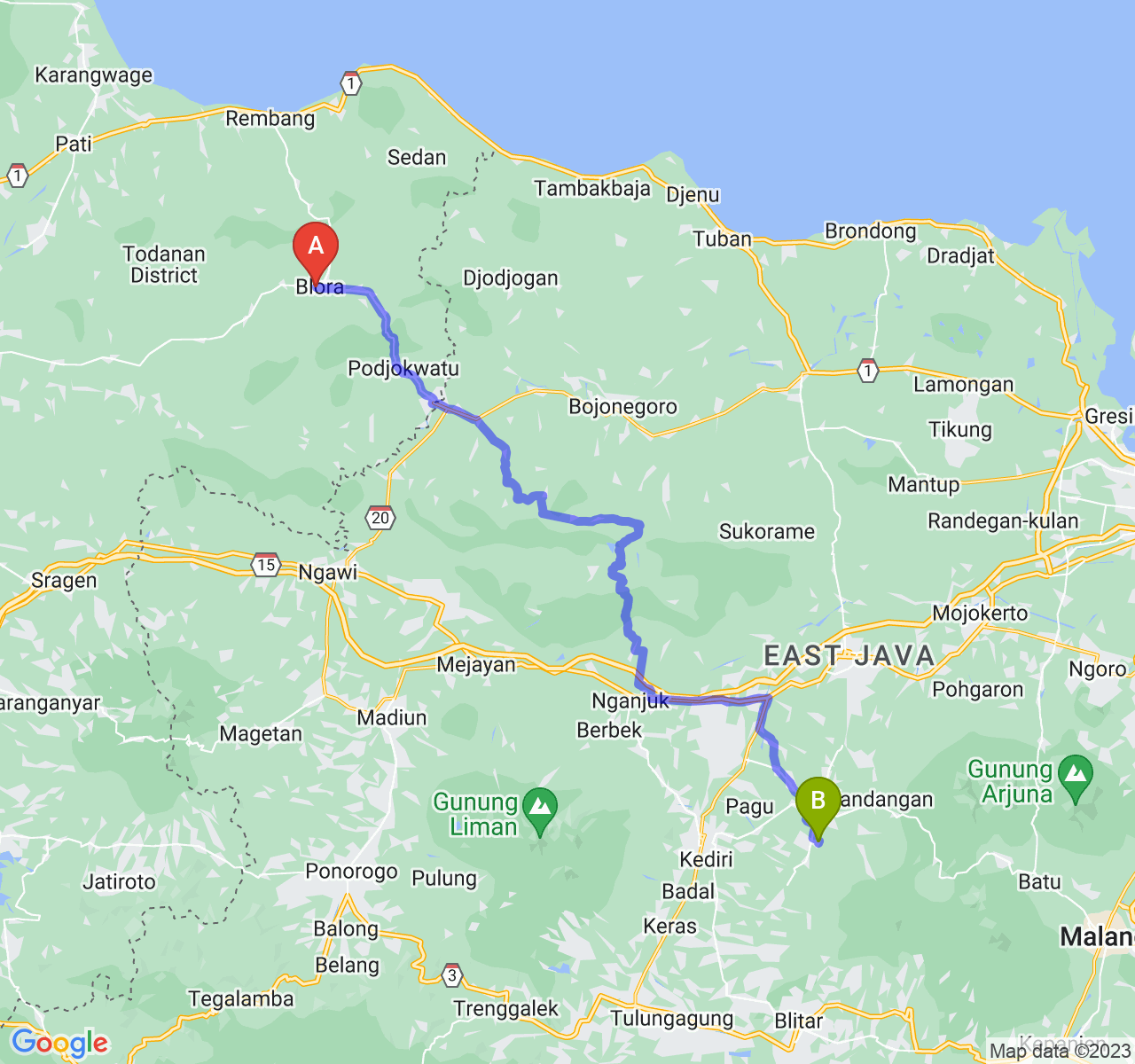 rute perjalanan Kab. Blora-Kab. Kediri