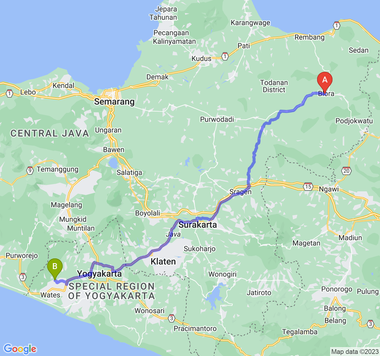 rute perjalanan Kab. Blora-Kab. Kulon Progo