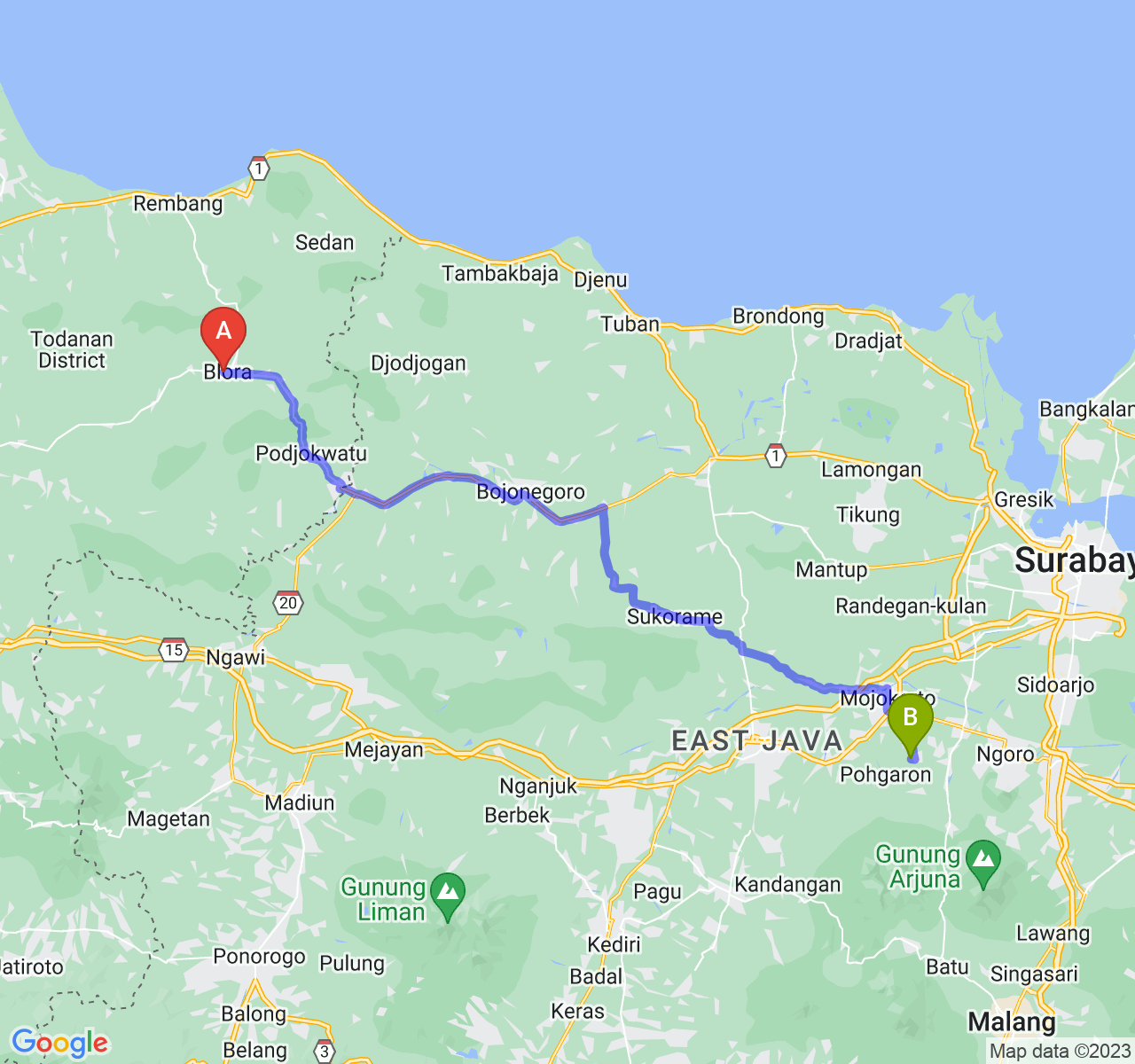 rute perjalanan Kab. Blora-Kab. Mojokerto