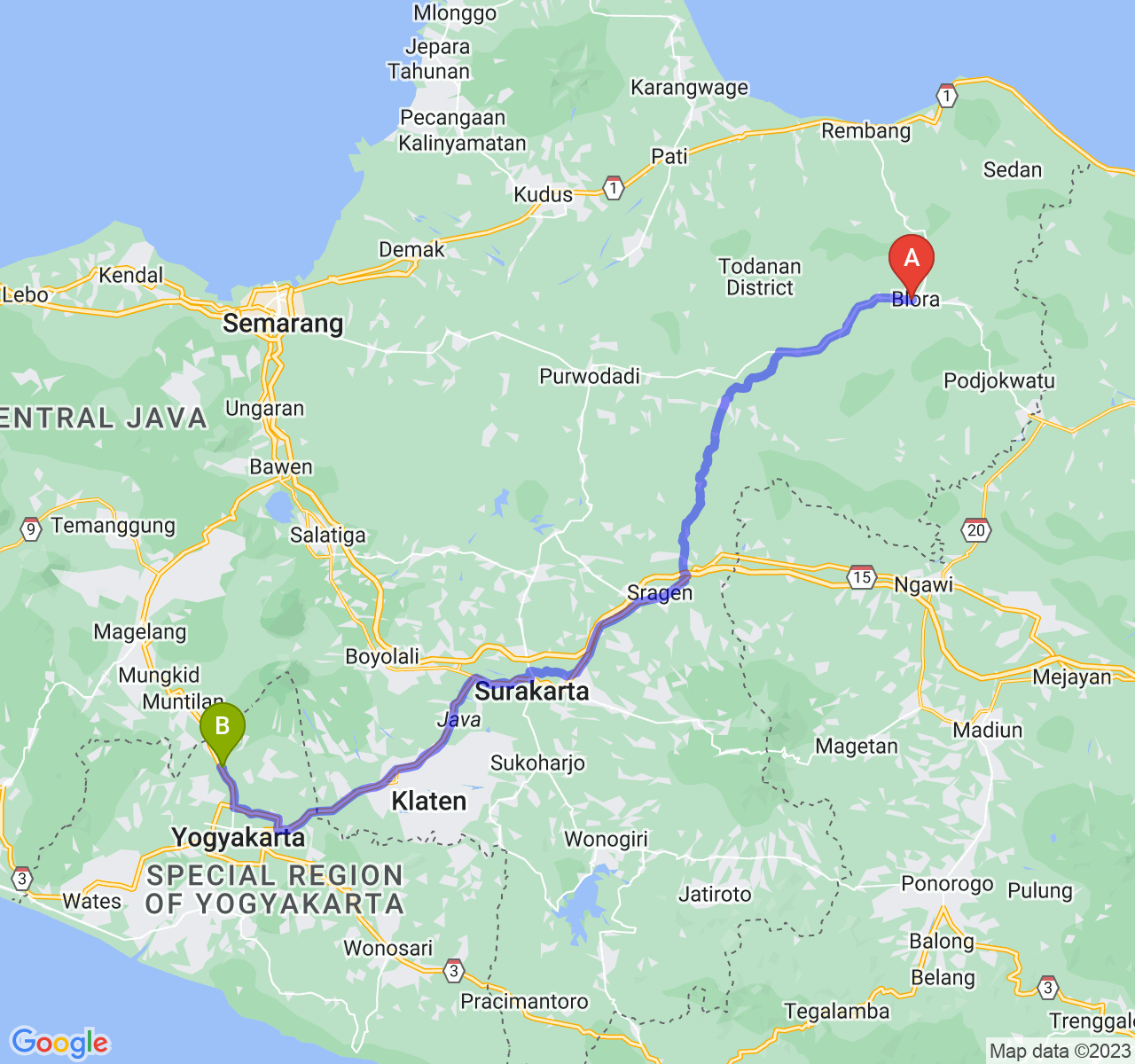 rute perjalanan Kab. Blora-Kab. Sleman