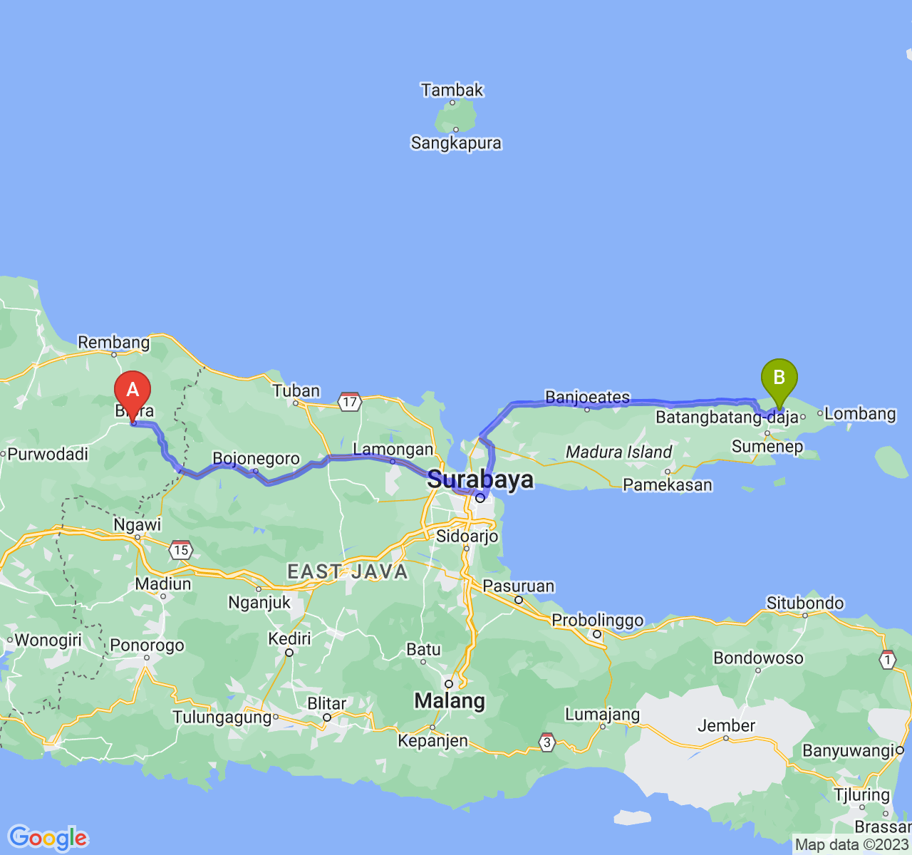 rute perjalanan Kab. Blora-Kab. Sumenep