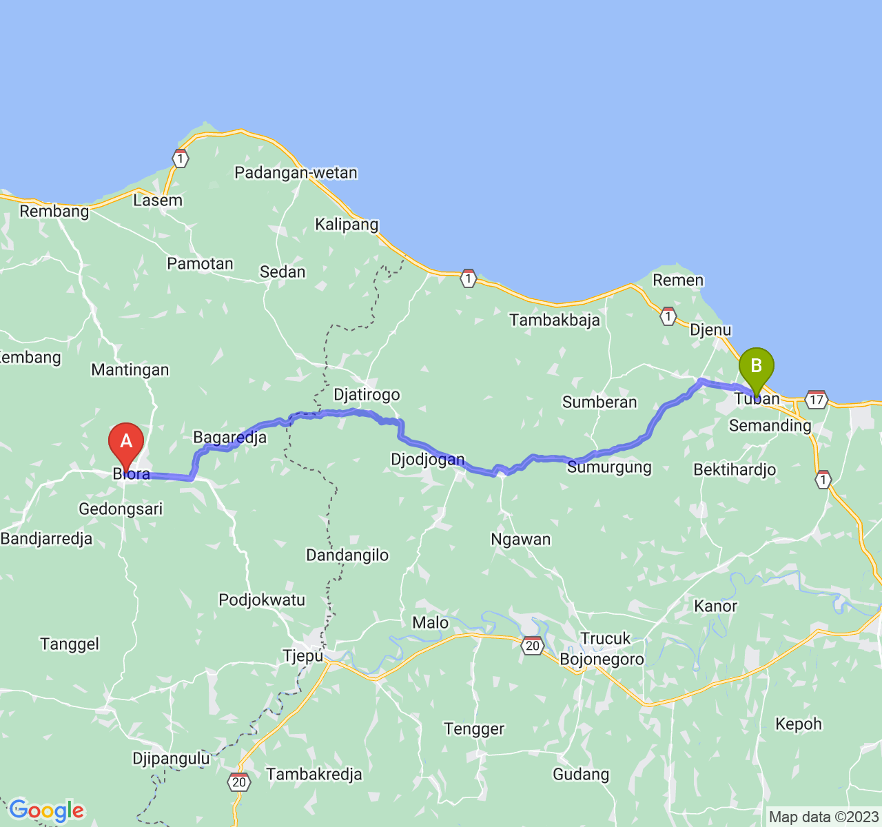 rute perjalanan Kab. Blora-Kab. Tuban