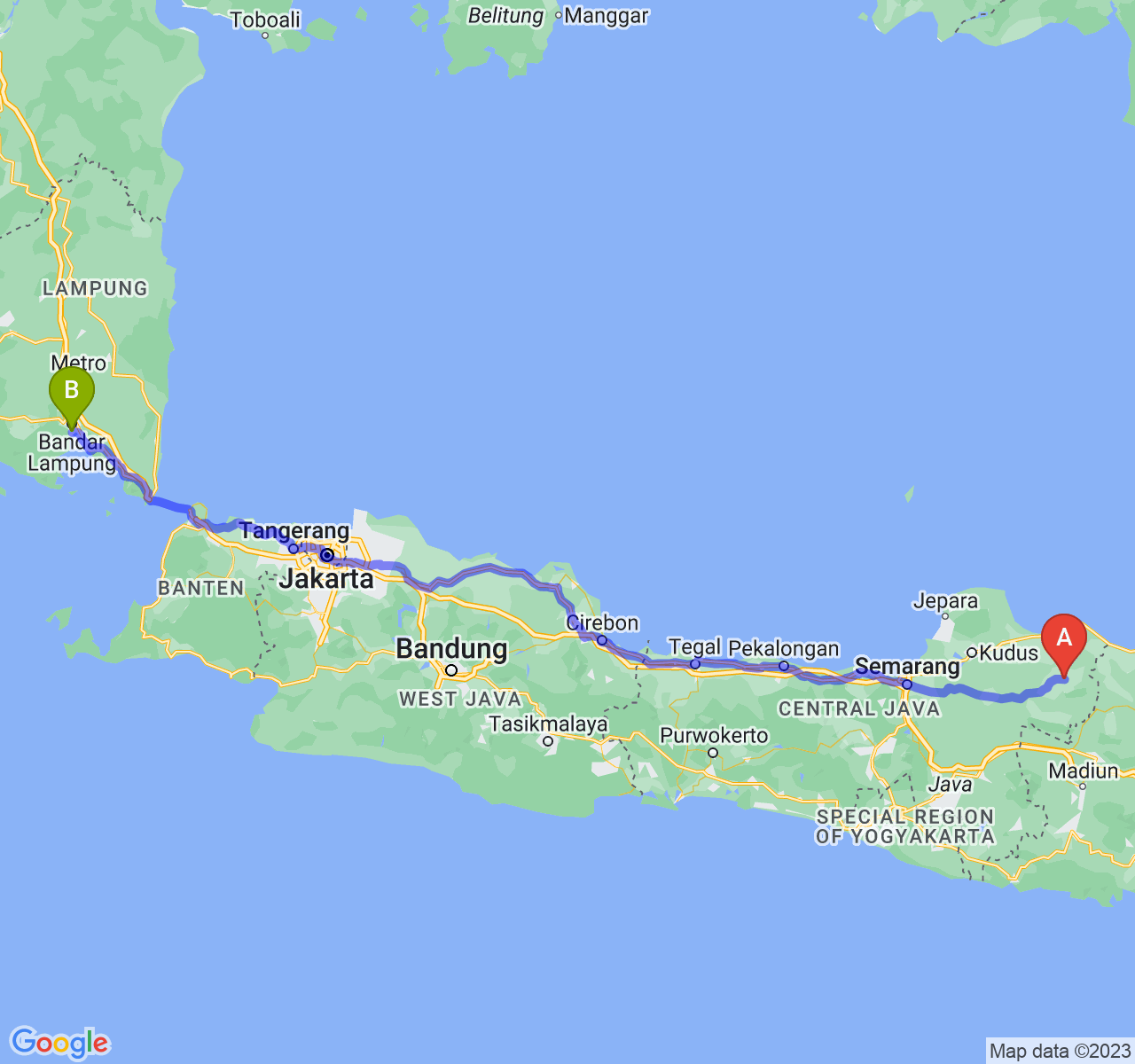 rute perjalanan Kab. Blora-Kota Bandar Lampung