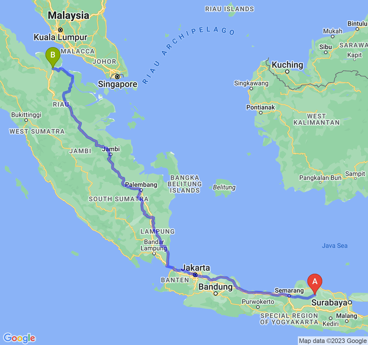 rute perjalanan Kab. Blora-Kota Dumai