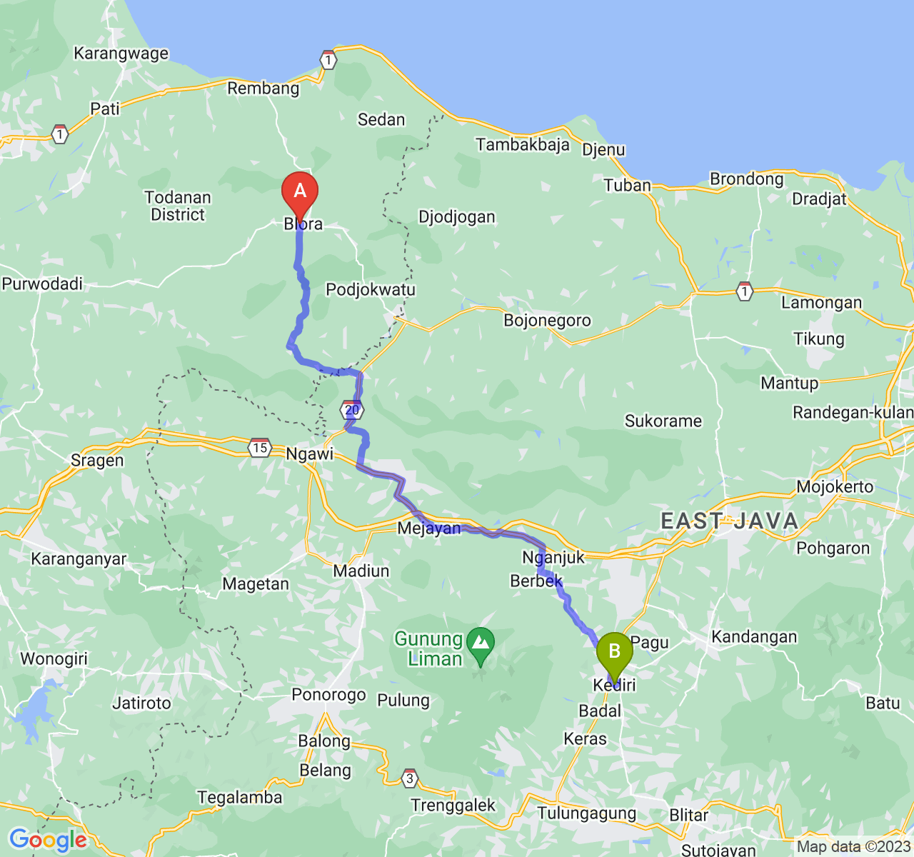 rute perjalanan Kab. Blora-Kota Kediri