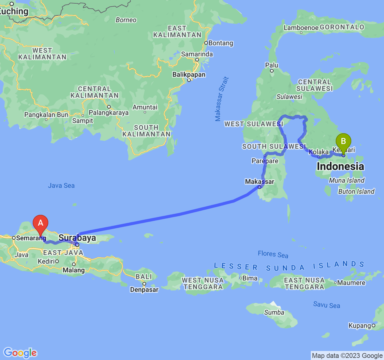 rute perjalanan Kab. Blora-Kota Kendari