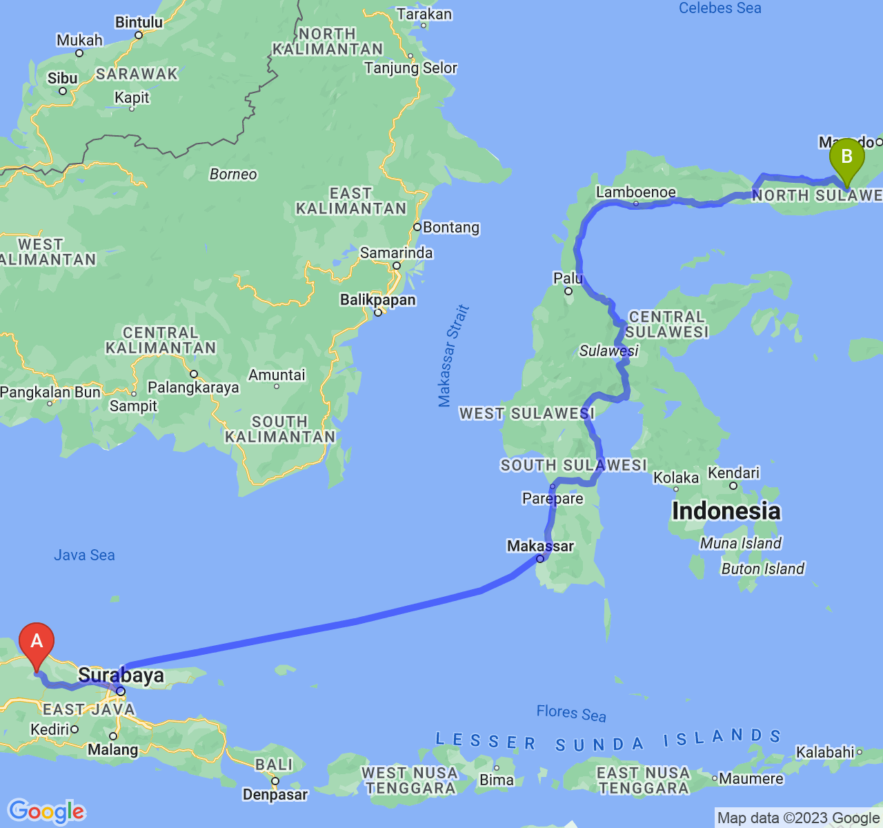 rute perjalanan Kab. Blora-Kota Kotamobagu