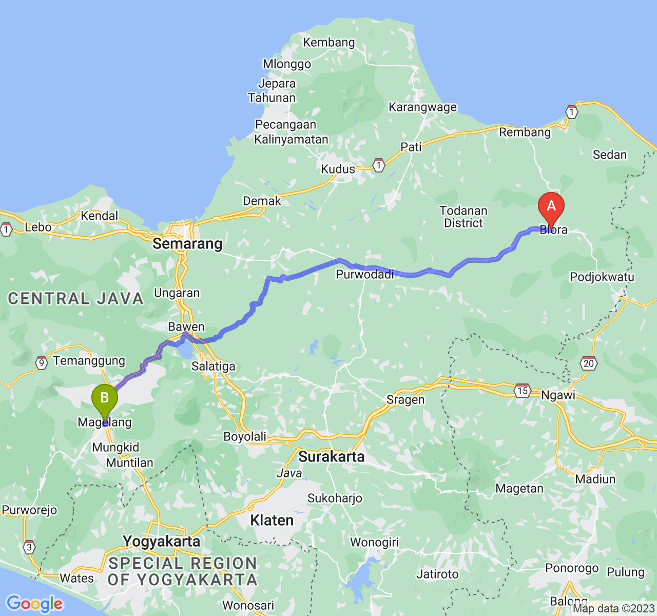 rute perjalanan Kab. Blora-Kota Magelang