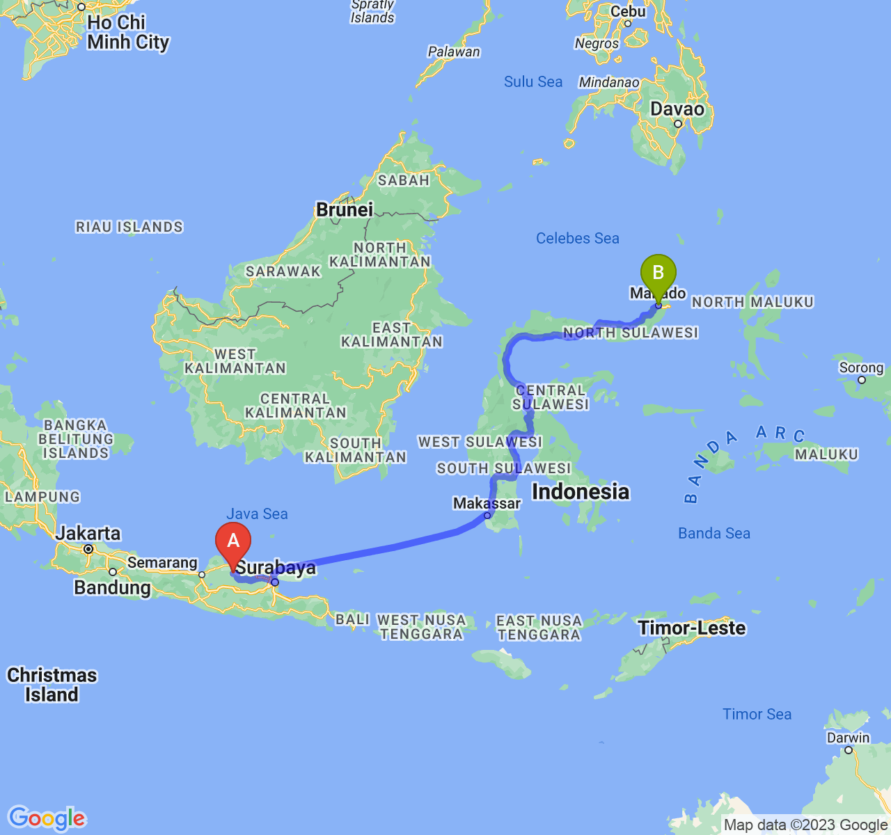 rute perjalanan Kab. Blora-Kota Manado