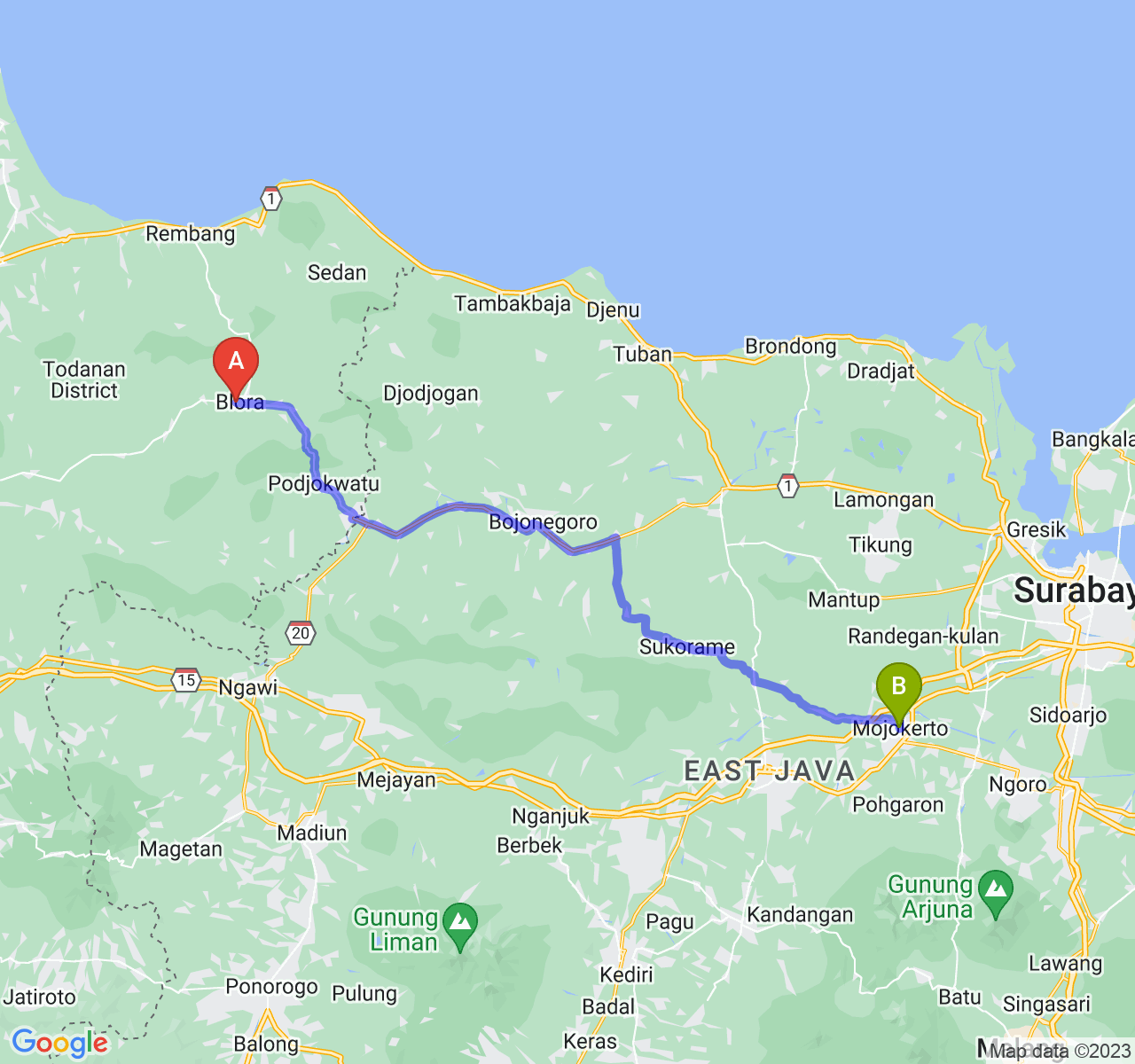 rute perjalanan Kab. Blora-Kota Mojokerto