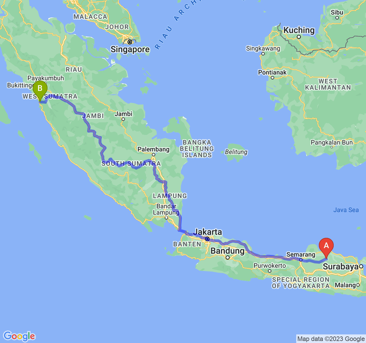 rute perjalanan Kab. Blora-Kota Padang