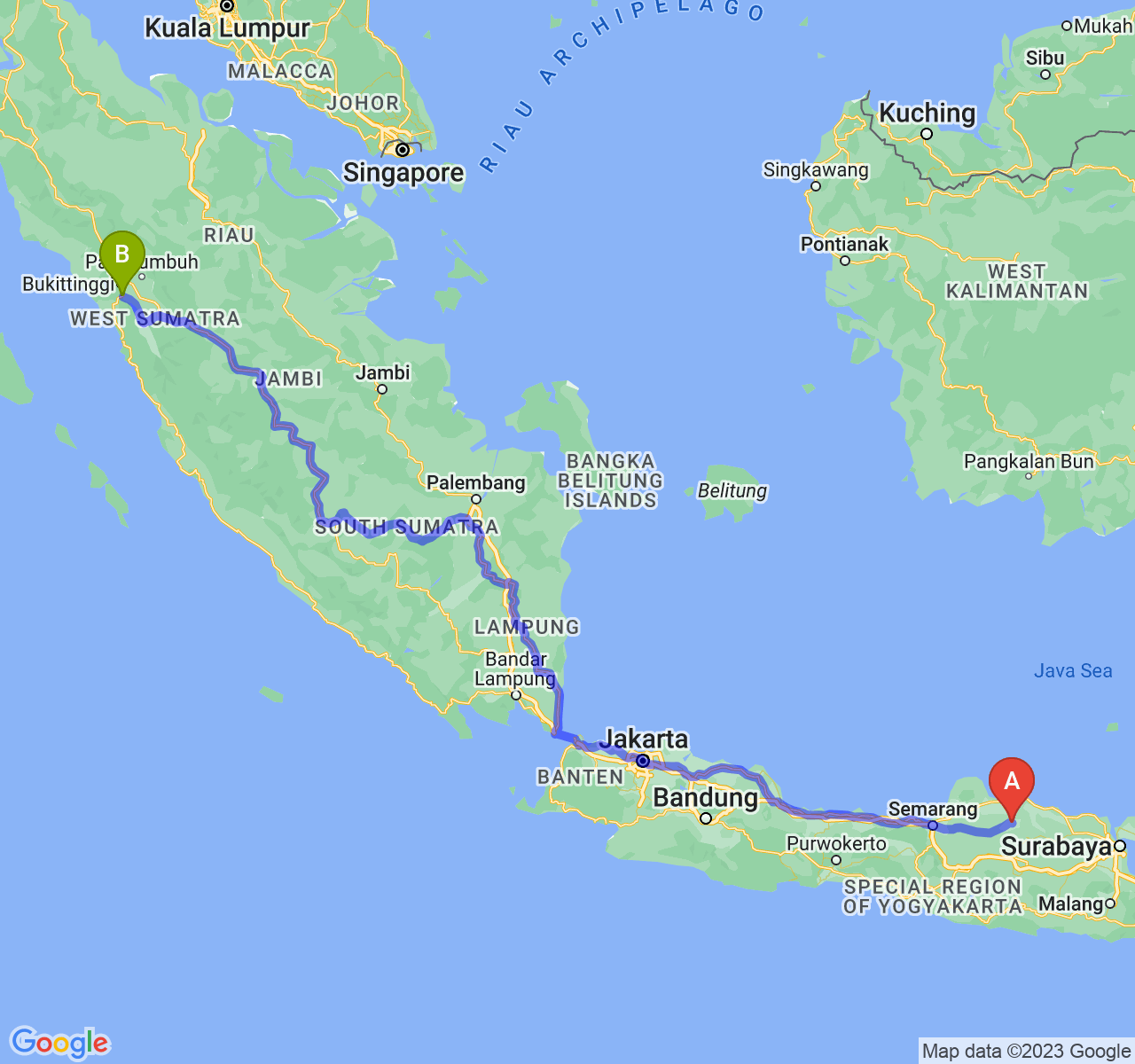 rute perjalanan Kab. Blora-Kota Padang Panjang