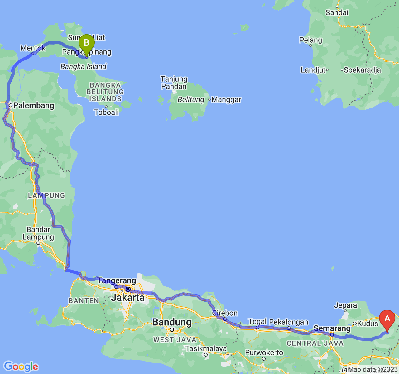 rute perjalanan Kab. Blora-Kota Pangkalpinang