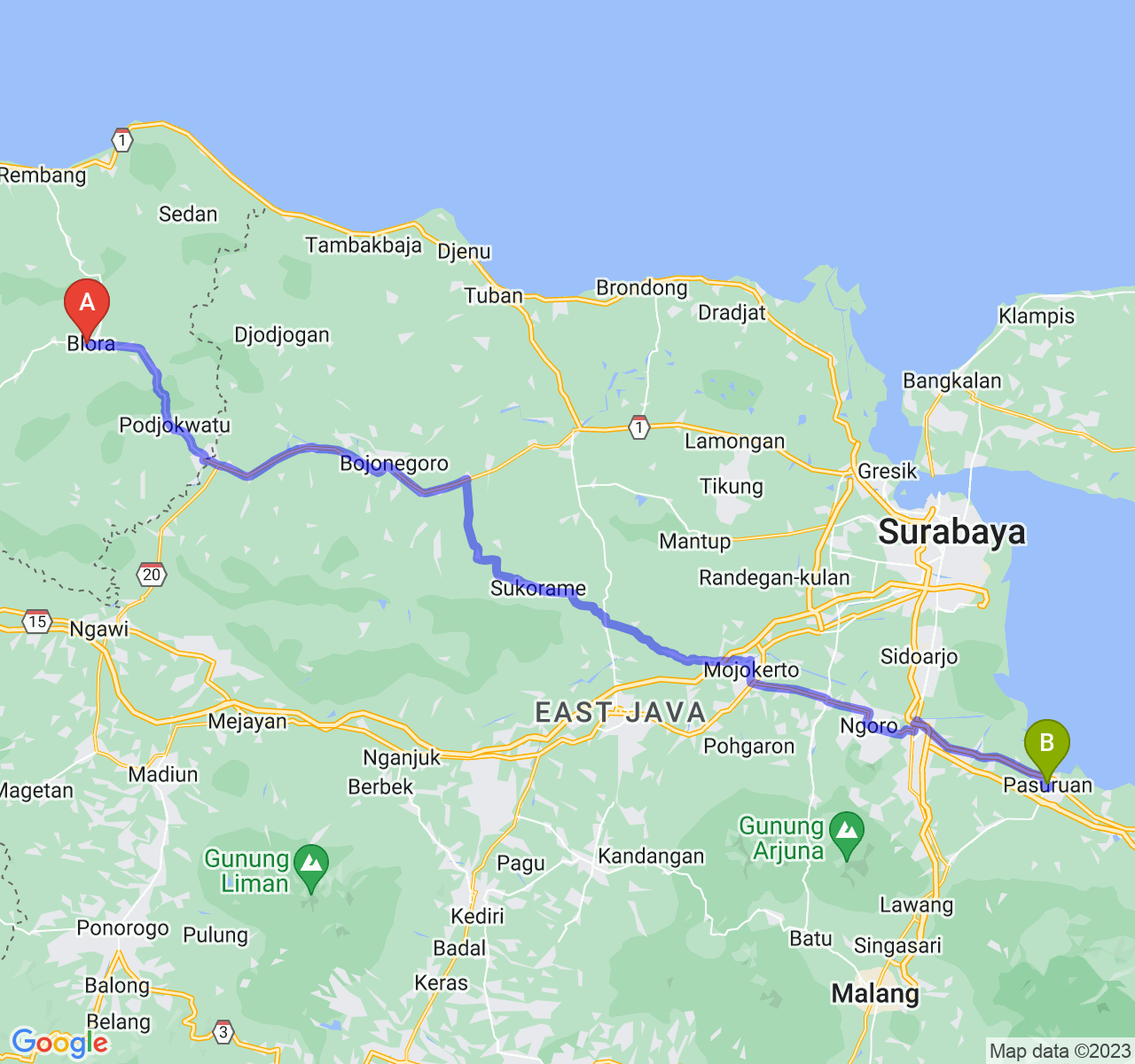 rute perjalanan Kab. Blora-Kota Pasuruan