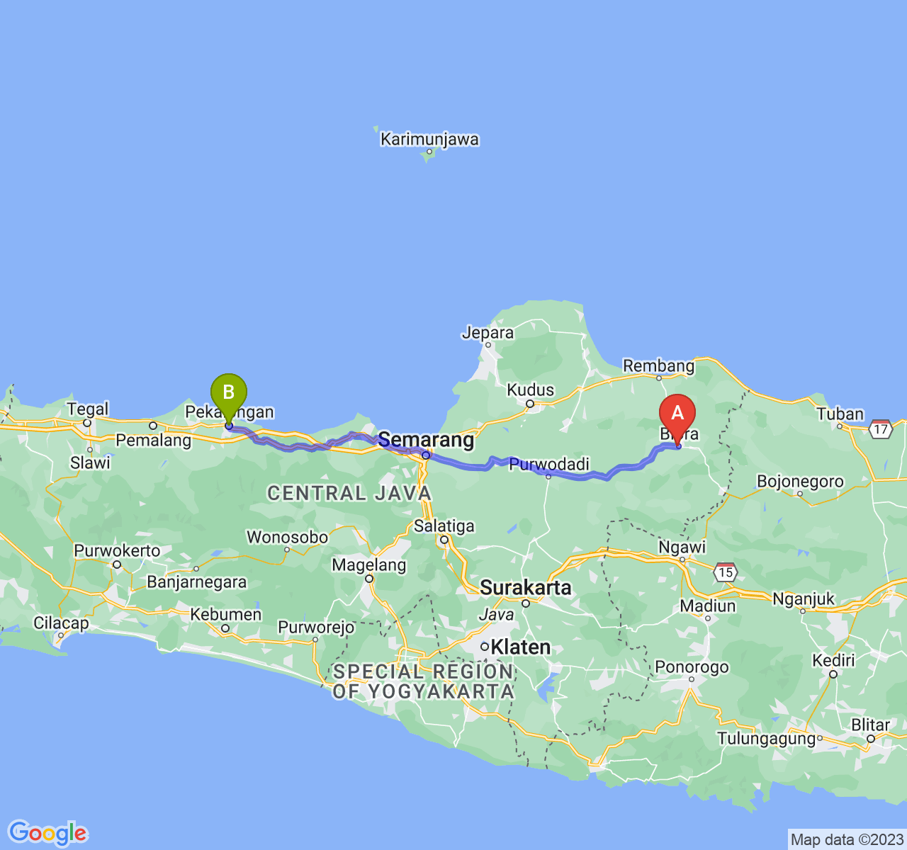 rute perjalanan Kab. Blora-Kota Pekalongan