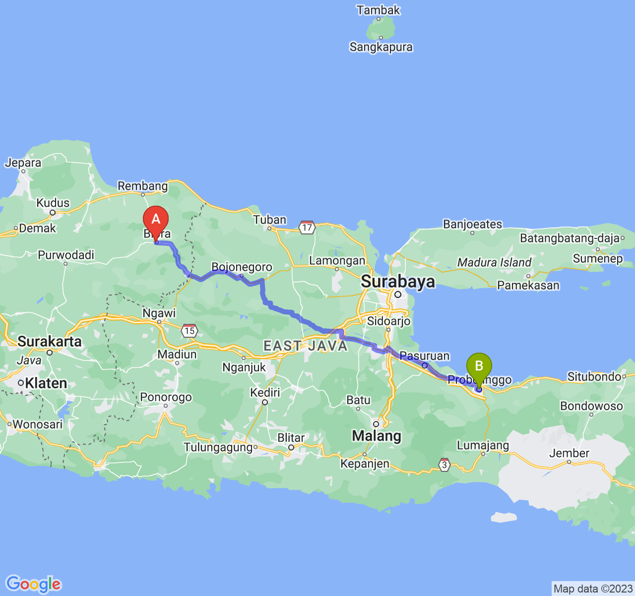 rute perjalanan Kab. Blora-Kota Probolinggo