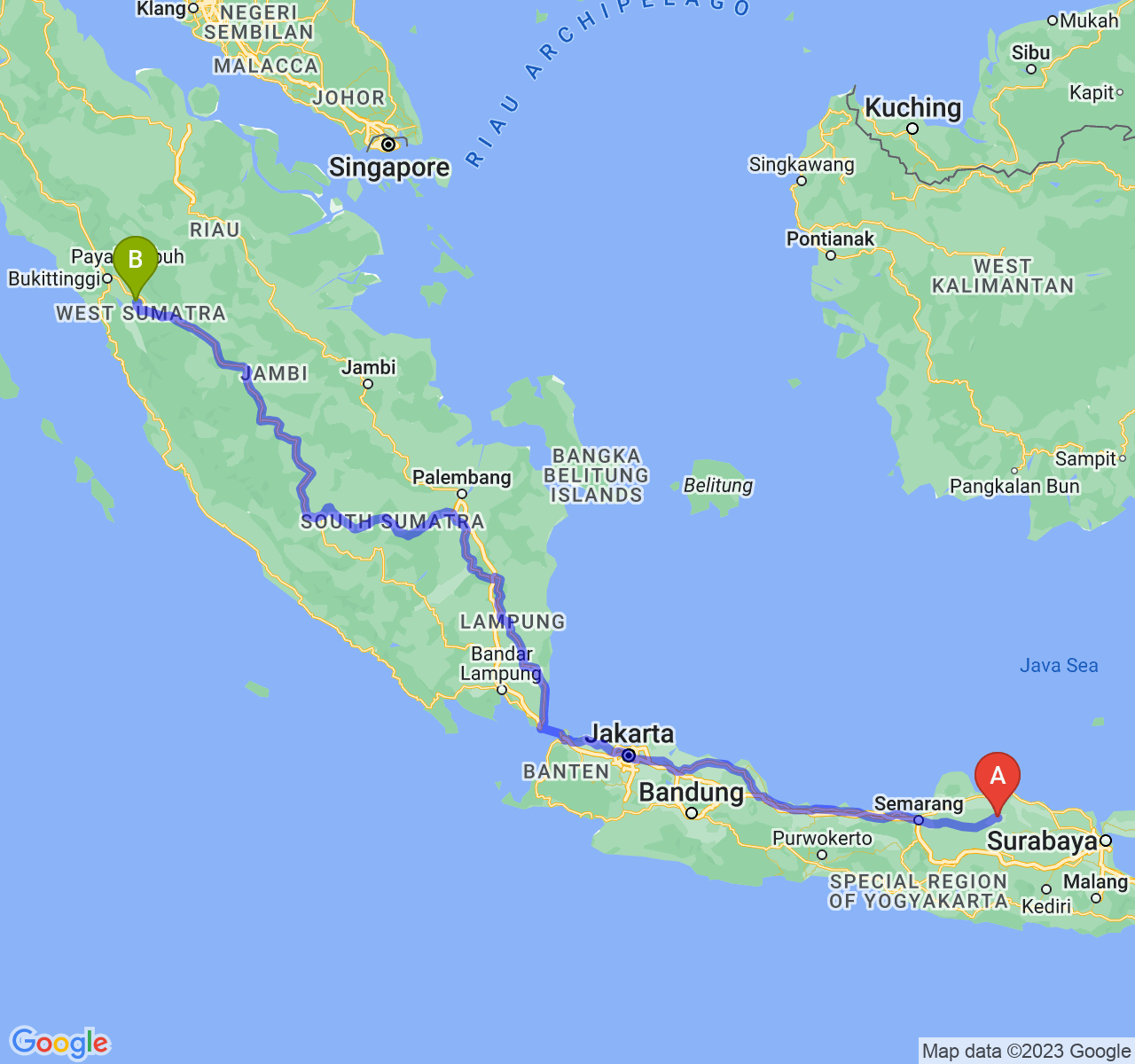 rute perjalanan Kab. Blora-Kota Sawah Lunto