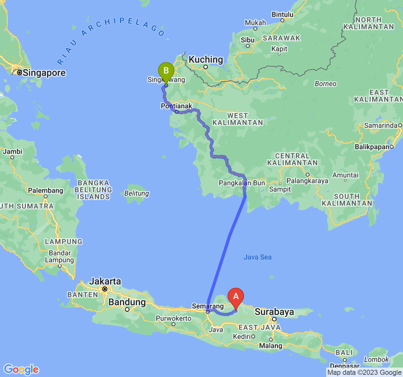 rute perjalanan Kab. Blora-Kota Singkawang