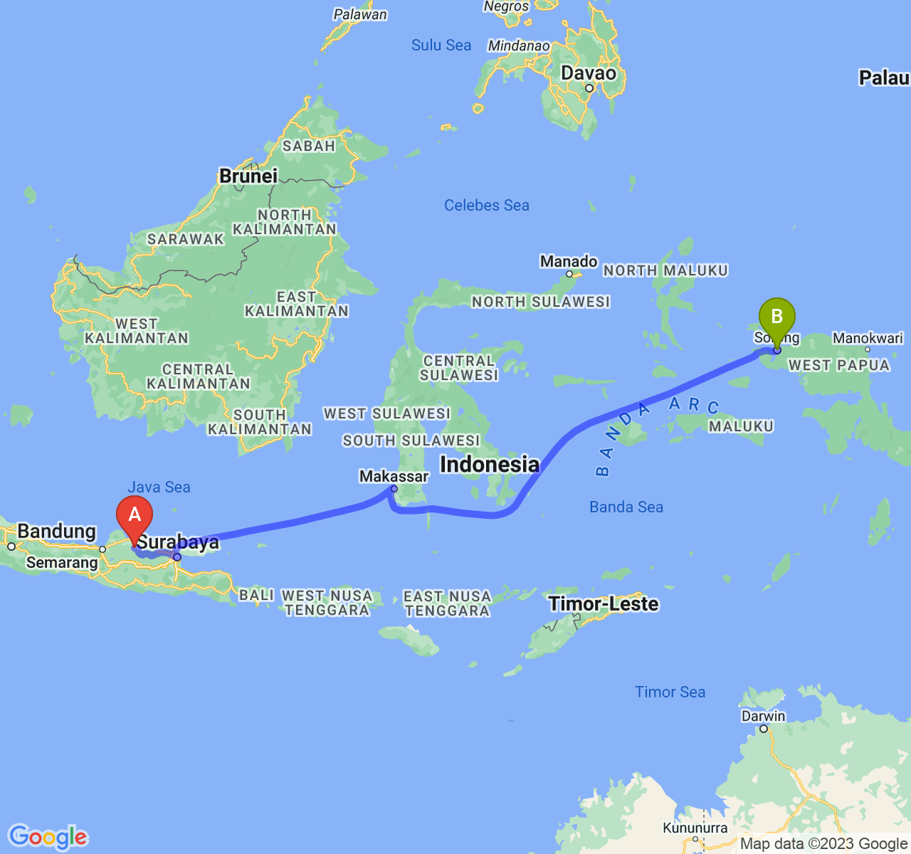 rute perjalanan Kab. Blora-Kota Sorong