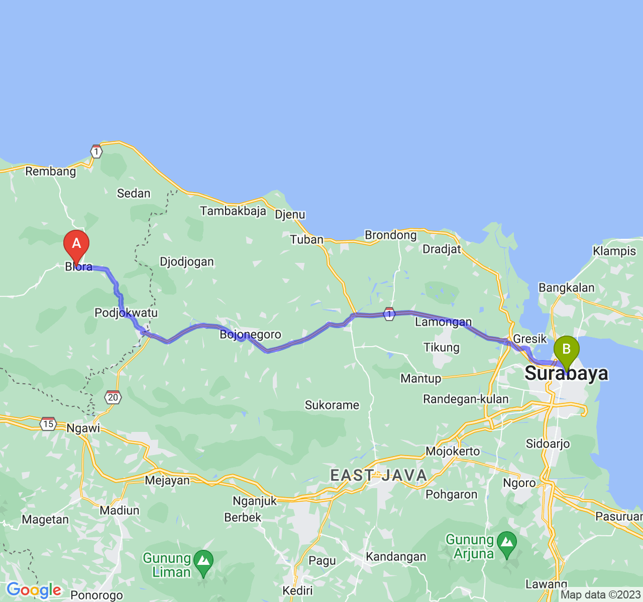 rute perjalanan Kab. Blora-Kota Surabaya