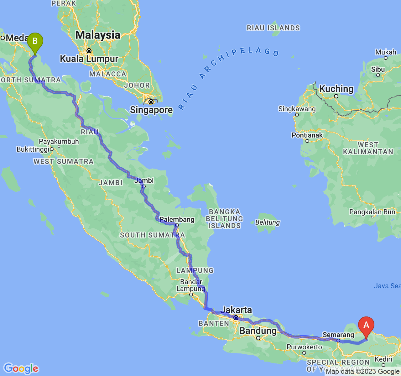 rute perjalanan Kab. Blora-Kota Tanjung Balai