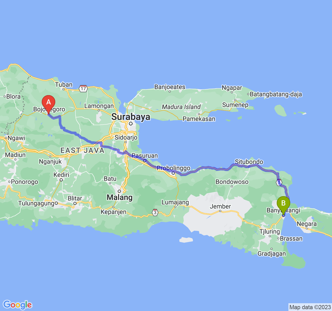 rute perjalanan Kab. Bojonegoro-Kab. Banyuwangi