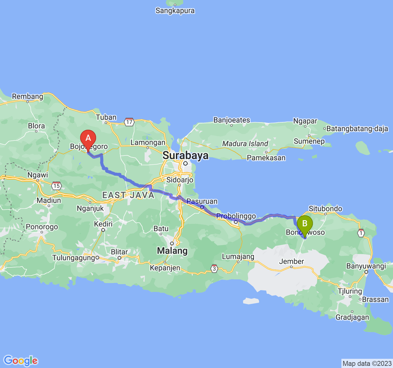 rute perjalanan Kab. Bojonegoro-Kab. Bondowoso