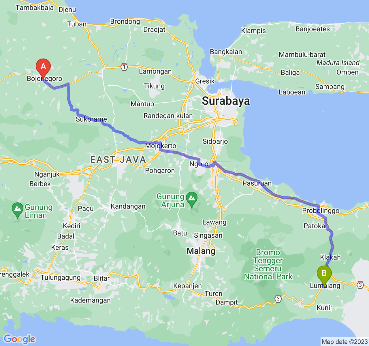 rute perjalanan Kab. Bojonegoro-Kab. Lumajang