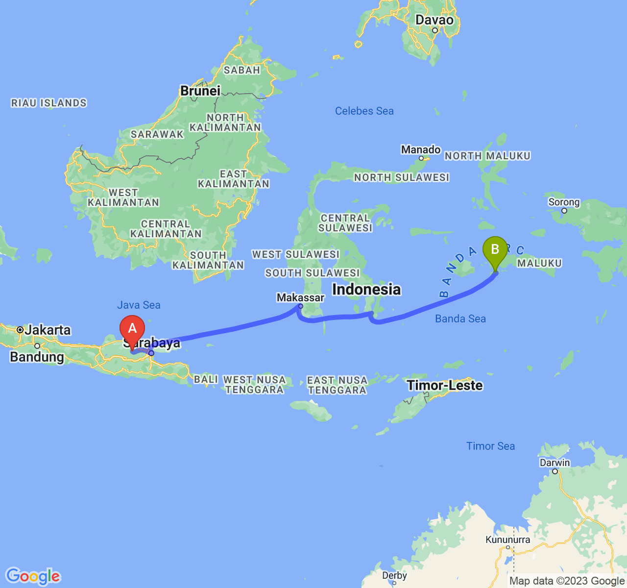 rute perjalanan Kab. Bojonegoro-Kota Ambon