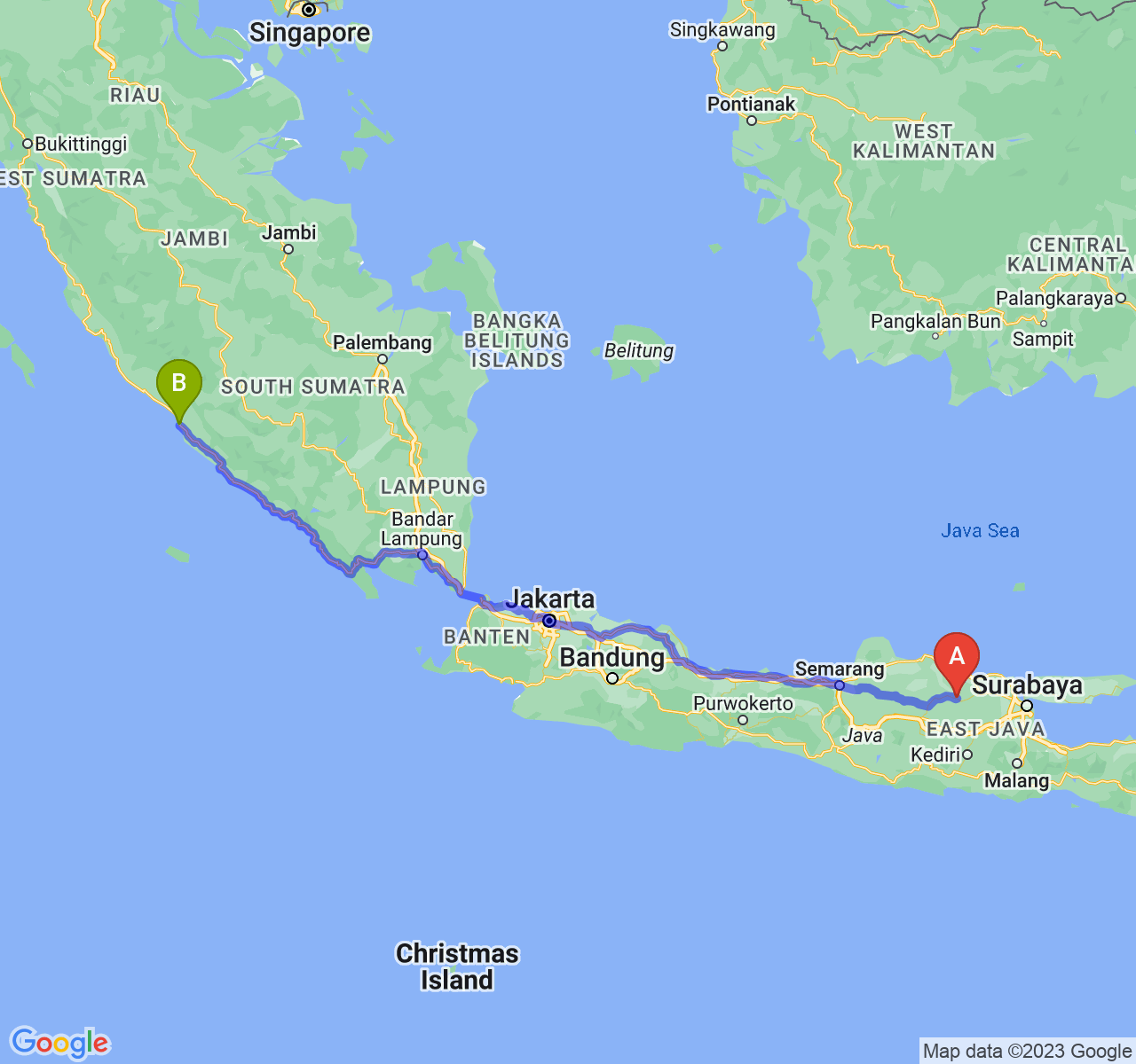 rute perjalanan Kab. Bojonegoro-Kota Bengkulu