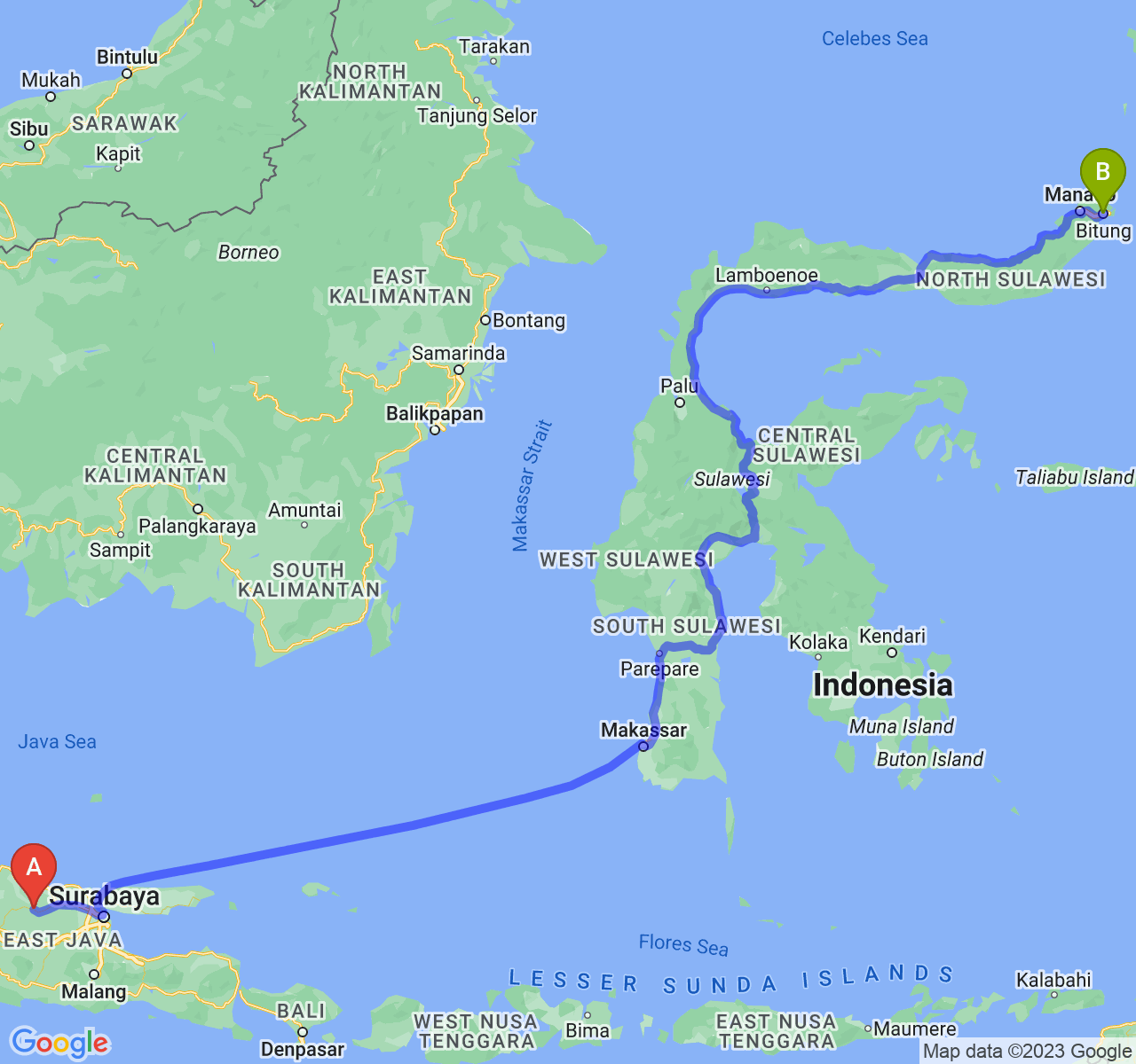 rute perjalanan Kab. Bojonegoro-Kota Bitung